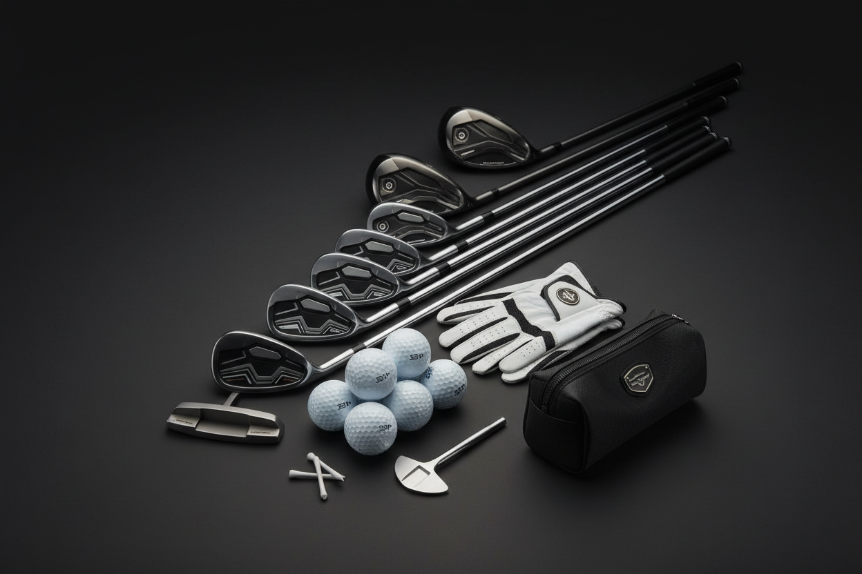 Nye golf utstyr kolleksjon. kommersielt packshot, mørk grå sømløs bakgrunn, nøytral belysning. 