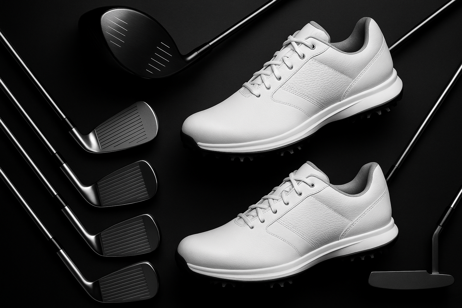 svart og hvit bakgrunn med golfkøller, golfsko spredt utover. *Hovedbilde på hjemme siden til butikken